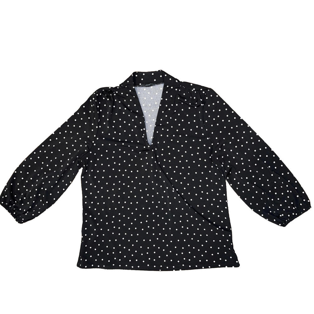 Adrianna Papell Womens Black Stretch Balloon Sleeve Polka Dot Wrap Blouse Medium